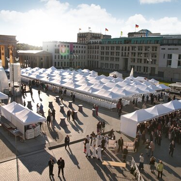 White folding gazebos 8x4 and 6x4 m at a large event with many people at Alexanderplatz in Berlin