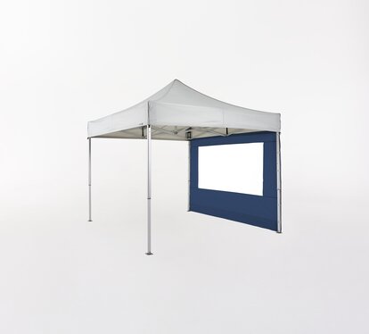 Light grey folding gazebo 3x3 m with dark blue side wall with window.