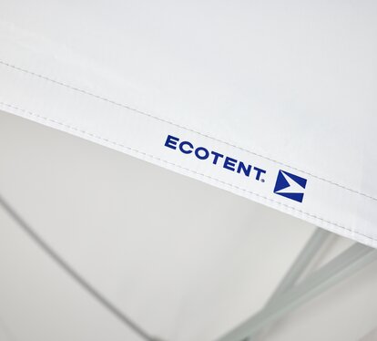 Detail of the white valance of a folding gazebo with heat-printed blue Ecotent logo